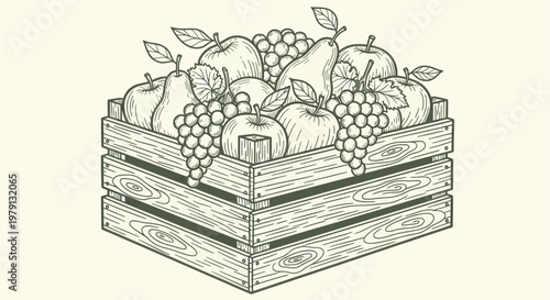 Vintage style illustration of a wooden crate filled with fresh fruits.