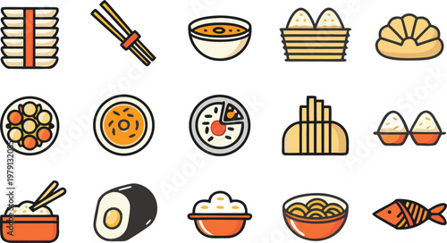 A collection of twelve minimalist vector icons featuring various Japanese food and ingredients vector illustration.