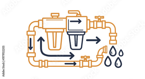 Water Filtration System Diagram with Pipes and Filters.