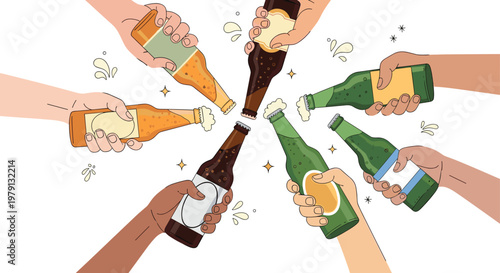 Friends Clinking Beer Bottles Celebration Concept with Hands Toasting Drinks Party and Social Gathering Flat Vector Illustration Set