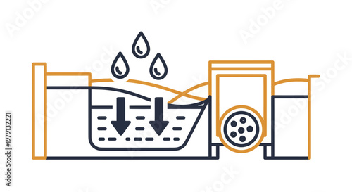 Water filtration system with drops and arrows showing flow.