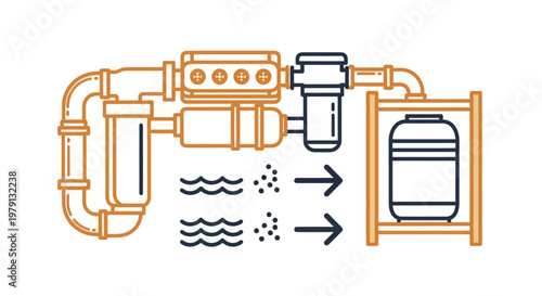 Water filtration system with pipes and tanks for purification.