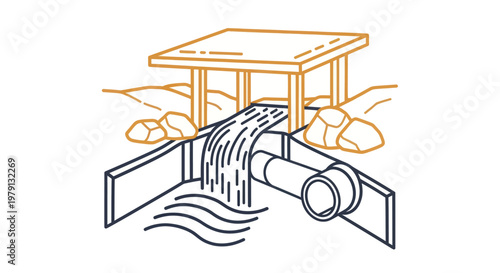 Water flowing through a pipe and over a weir structure.