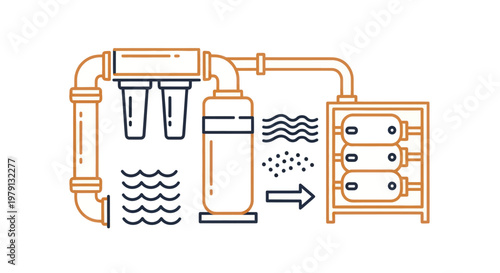 Water Purification System Line Art Illustration with Filters and Tanks.