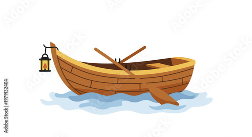 Wooden rowboat with oars and lantern floating on water.