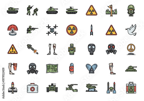 Tactical War and Military Icon Set Featuring Tanks, Soldiers, Nuclear Symbols, Gas Masks, and Peace Concepts for Infographics and UI Design