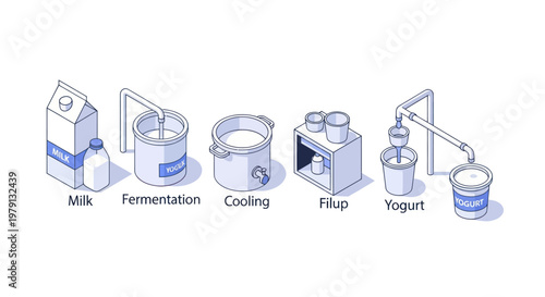 Yogurt Production Process Stages Milk Fermentation Cooling Filling Yogurt.