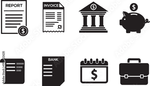 Financial Icons with Report Invoice Bank Piggy and Briefcase for Business Concepts