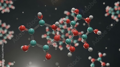 A 3D model of a molecular structure with red, white, and teal spheres connected by gray rods