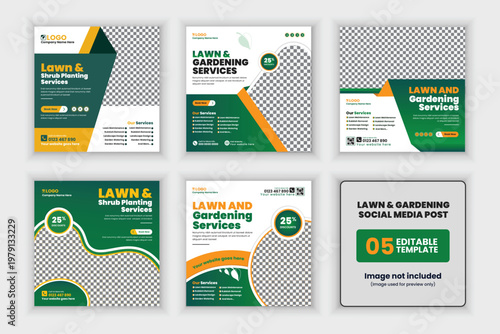 Lawn Maintenance and Gardening Services Social Media Post Template - 5 Editable Layouts EPS
