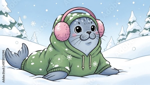 A grey seal wearing pink earmuffs and a green snowsuit lies on snowy ground
