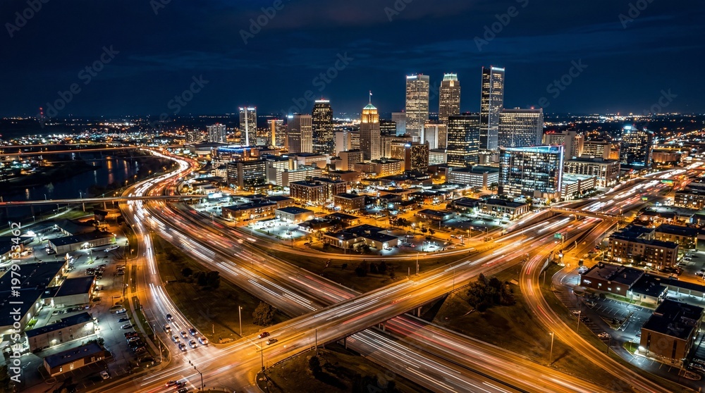 Obraz premium Aerial view of Oklahoma City downtown skyline at night with light trails