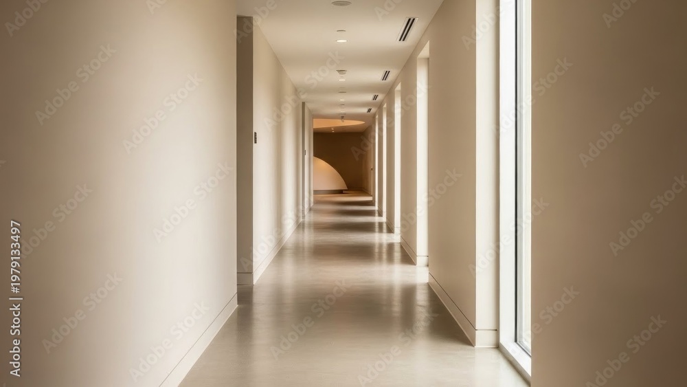Fototapeta premium A long, empty, beige-colored hallway with windows on the right and recessed lighting