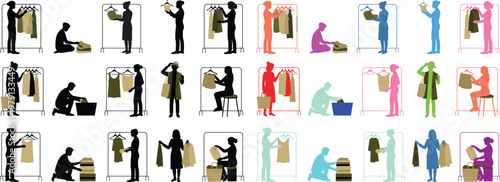 Silhouettes of people shopping for clothes. Vector icon set showing customers browsing a clothing rack and choosing apparel. For fashion, retail and personal styling concepts