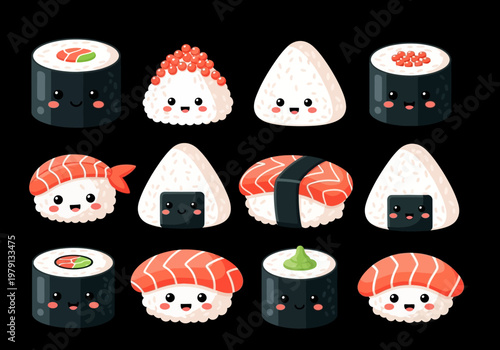 Cute Kawaii Sushi Characters Set, Japanese Food Illustration with Onigiri and Maki Rolls