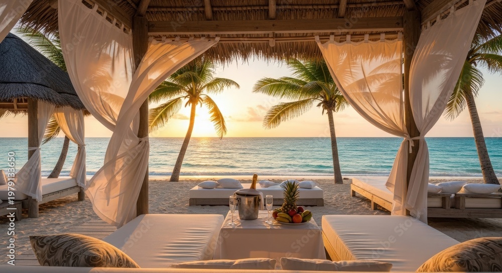 Obraz premium Luxury Beachside Gazebo at Sunset with Tropical Drinks
