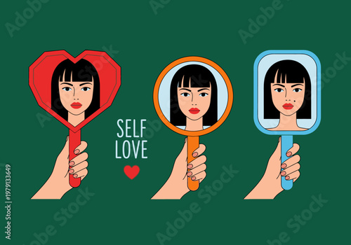 Self Love and Acceptance Concept Illustration with a Woman Seeing Her Reflection in Different Shaped Mirrors for Body Positivity and Mental Health Awareness