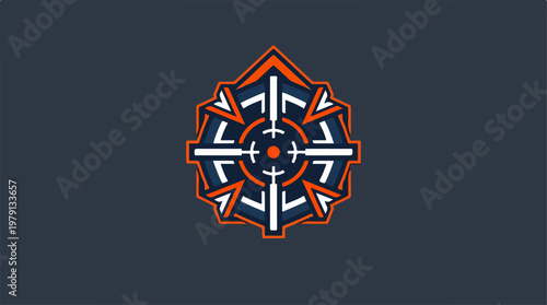 Firefighter emblem design with orange and white details on grey background.