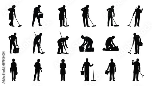 A collection of black silhouette figures depicting people engaged in various cleaning tasks including sweeping and carrying buckets high quality professional