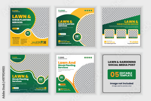 Lawn and Shrub Planting Services Social Media Post Template - 5 Editable Layouts EPS
