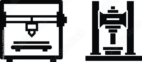 3D printer and milling machine icons in black and white