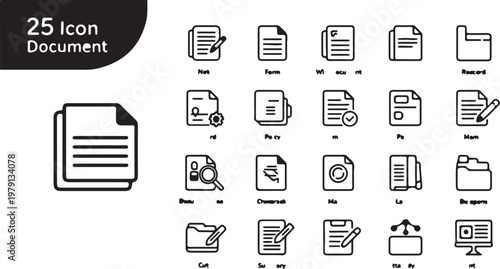 A collection of 25 minimalist icons representing document-related concepts and digital files, ideal for user interfaces and presentations