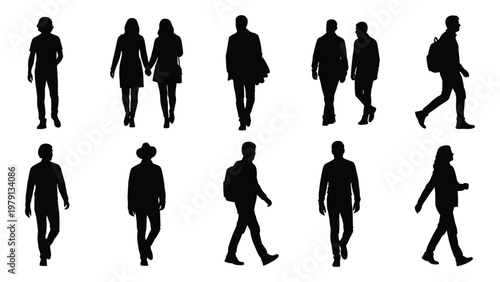 A collection of black silhouettes depicting diverse people walking in various poses and attire isolated on a white background high quality