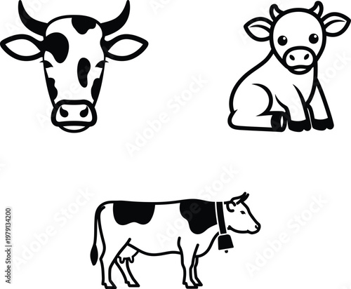 Black and white cow illustrations including head calf and full body  farm animal designs