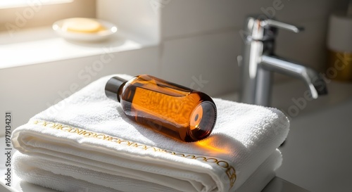 Spa Bathroom Still Life: Amber Oil Bottle on White Towel