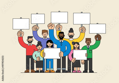 Diverse Group of People Holding Blank Signs and Placards, Social Activism and Community Unity Illustration