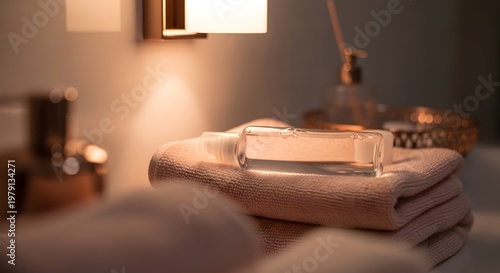 Spa Bathroom Still Life: Towels, Hand Sanitizer, and Soft Lighting