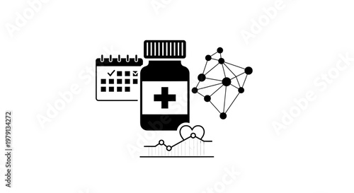 Healthcare data analysis: Medicine, calendar, network, and heart rate graph icons