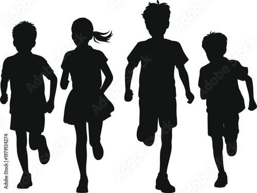 Four black silhouette children running forward with energetic motion and youthful enthusiasm on a white background