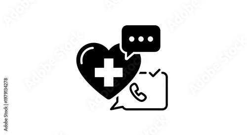 Healthcare communication icon: heart with cross, phone, chat bubbles