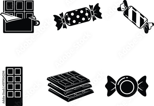 Black and white icons of various candies and chocolate bars on white background