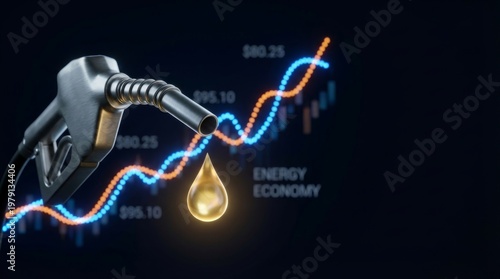 Global oil and fuel energy price crisis concept with gas pump nozzle and petroleum drop over financial market economy stock chart showing rising costs and industrial inflation trends today.