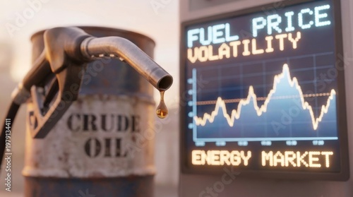 Global energy market crisis showing fuel price volatility with crude oil barrel and gas pump nozzle dripping petroleum against a digital stock market graph representing economic instability.