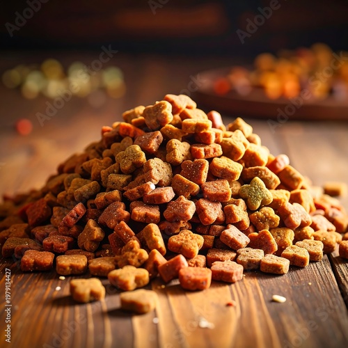 A pile of small, brown and orange dog food on a wooden table