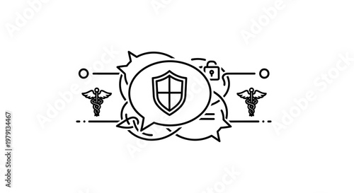 Secure Health Communication Icon: Shield in Chat Bubbles with Caduceus and Lock