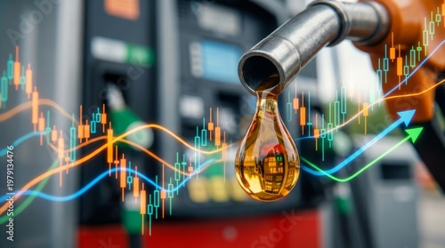 Rising fuel price crisis concept with oil nozzle dripping and petroleum barrel showing market graph. High energy costs impacting global economy, gasoline industry, and crude oil supply demand.