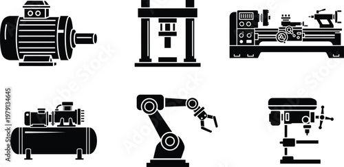 black and white icons of various industrial machines and tools used in manufacturing
