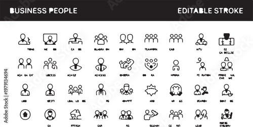 Diverse collection of minimalist icons representing various business people, communication, teamwork, and professional scenarios in a clean, modern style