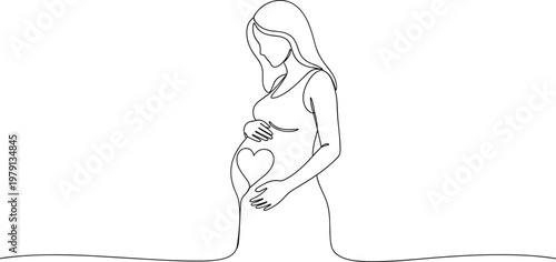 Minimalist single line of a pregnant woman cradling her belly with a heart shape formed by her hands, symbolizing motherhood and anticipation