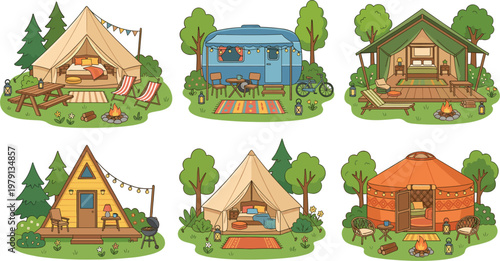 Glamping Camping Tents and Cabins Collection with Outdoor Luxury Camp Scenes Cozy Nature Accommodation Flat Vector Illustration Set