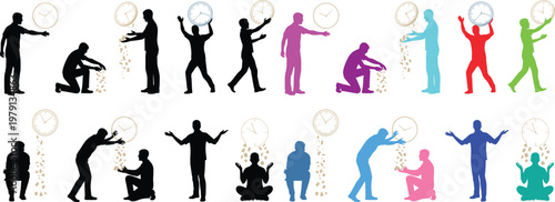 Time management concept silhouettes. Vector icon set of people with clocks and running sand, illustrating deadlines, stress, productivity and the precious, fleeting nature of time
