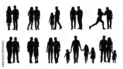 A collection of diverse black silhouettes depicts couples and families interacting in various affectionate and casual poses high quality professional detailed