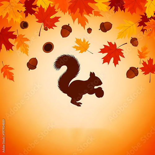 Squirrel silhouette standing with autumn leaves and acorns falling on orange gradient background.