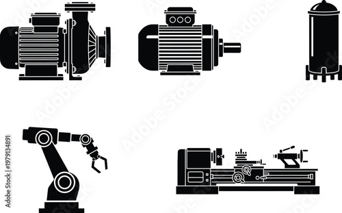 black and white illustrations of various industrial machines and robots used in manufacturing