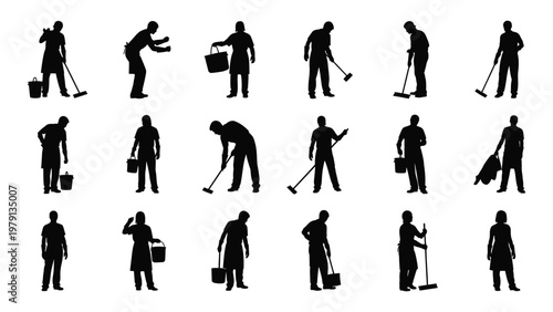 A collection of black silhouette figures depicting people in various janitorial roles performing cleaning tasks high quality professional detailed modern elegant