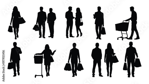 A collection of black silhouettes depicts diverse people shopping carrying bags and pushing carts in a retail environment high quality professional